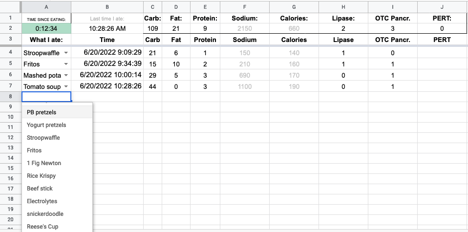 Clicking a dropbox in the cell brings up the "menu" of food options from my Fuel Library tab