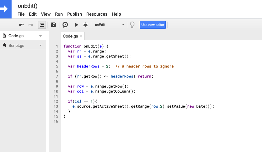 Older style app script editor for adding scripts to spreadsheet, showing the onEdit() function (see text below in post for what the script is)
