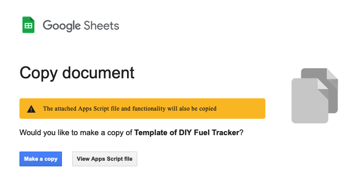 If you click to make a copy of a google spreadsheet, it pops up a link confirming you want to make a copy, and also might bring the app script functionality with it. If so, you can click the button to view the script (earlier in the blog post). If it doesn't include the warning about the script, remember to add the script yourself after you make a copy.