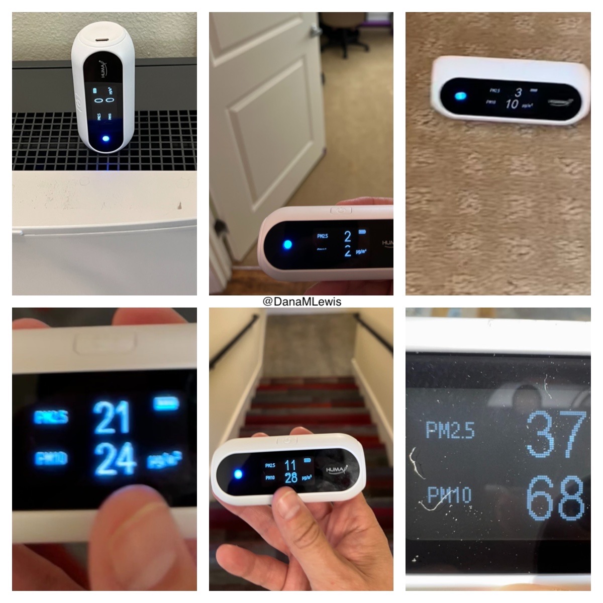 PM2.5 and PM10 readings from the portable monitor, from on top of the air purifier; next to my office; next to a box fan with filter; in the hallway; in the stairwell; and outside. This is roughly in order of best (inside over the air purifier) to worst (hallway and outside; the stairwell is slightly better than the hallway).