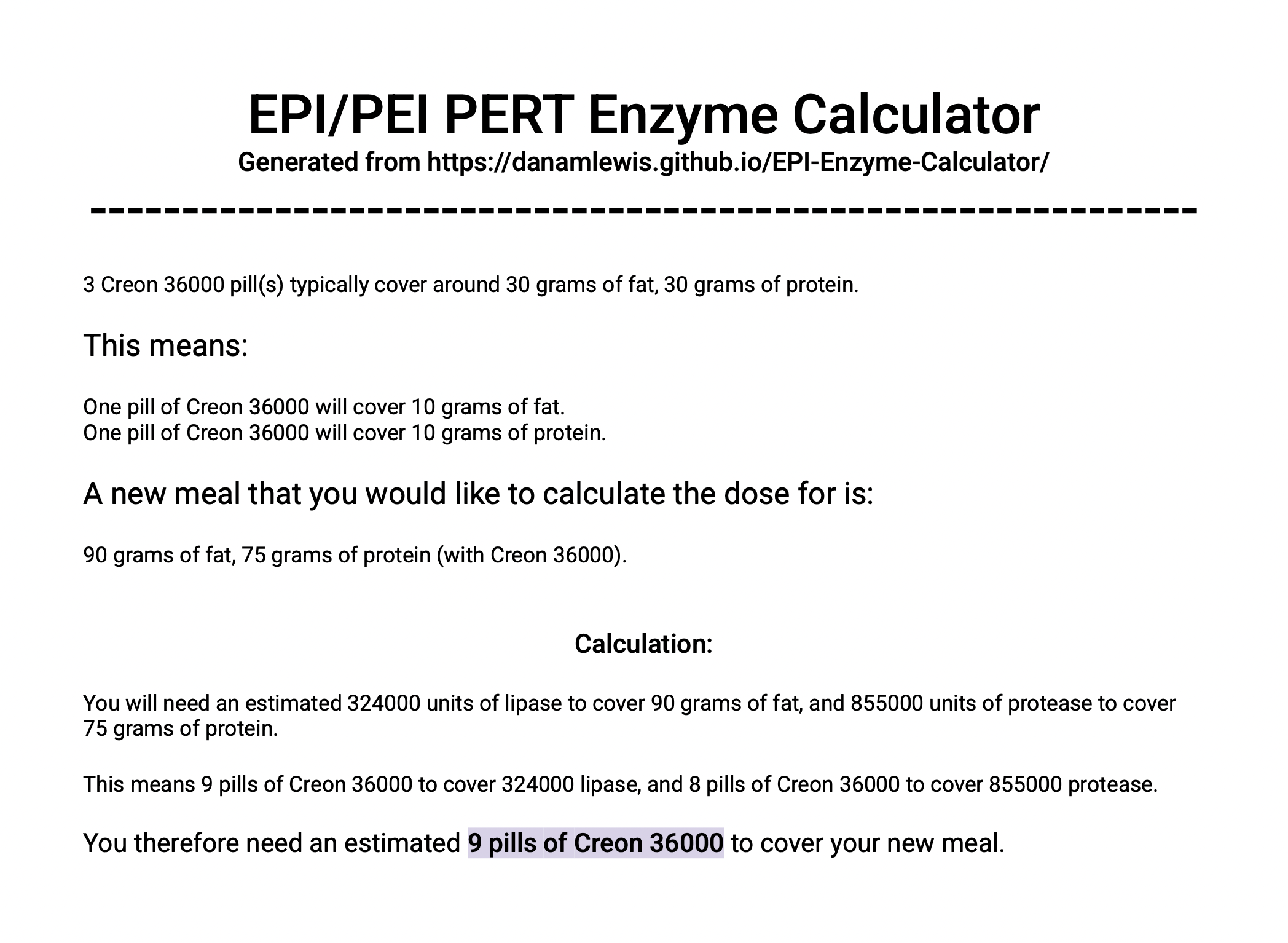 Example of a PDF print view of the same data from previous screenshots with a Creon 36000 example