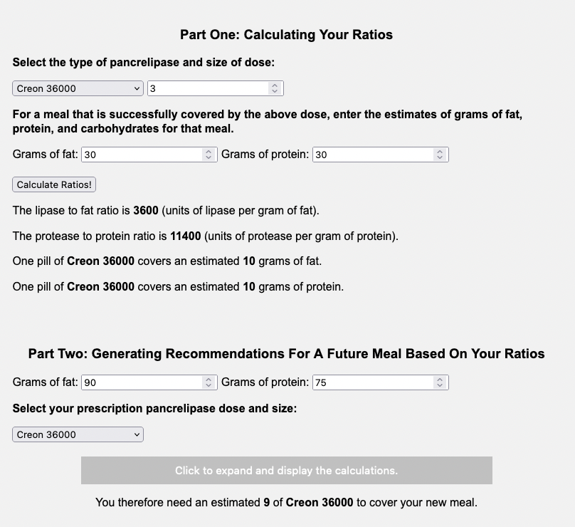 Example of Part 2 of the EPI Enzyme Calculator using Creon 36,000, with a future larger meal of 90 grams of fat and 75 grams of protein.