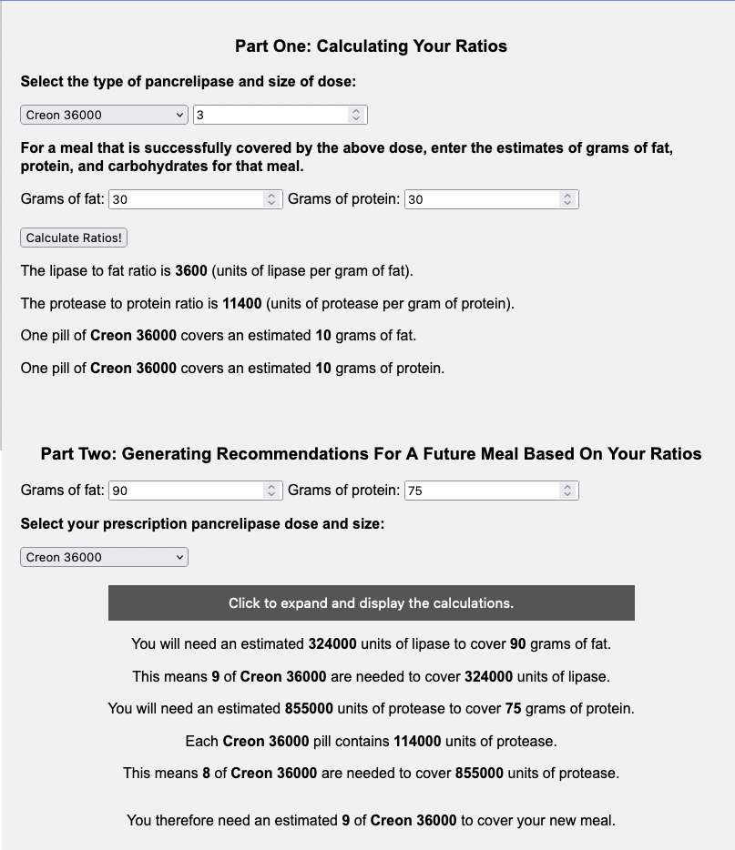 You can also hit the button to expand the calculations to see the math it is doing, and how it compares between the fat and protein pill estimates to see what “drives” the total number of pills needed, with the calculation view expanded to show all the details