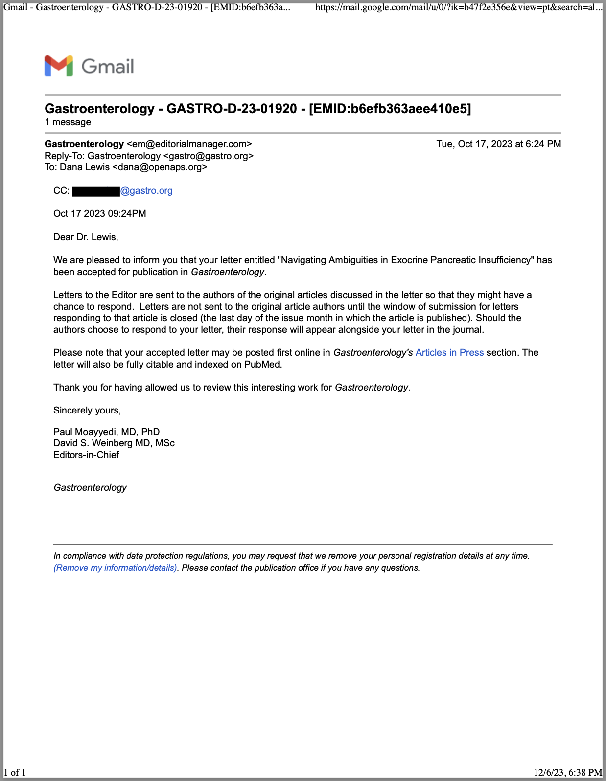 A print of the acceptance email I received on October 17, 2023, indicating my letter would be sent to authors of the original articles for a chance to choose to respond (or not). Then my LTE would be published. 