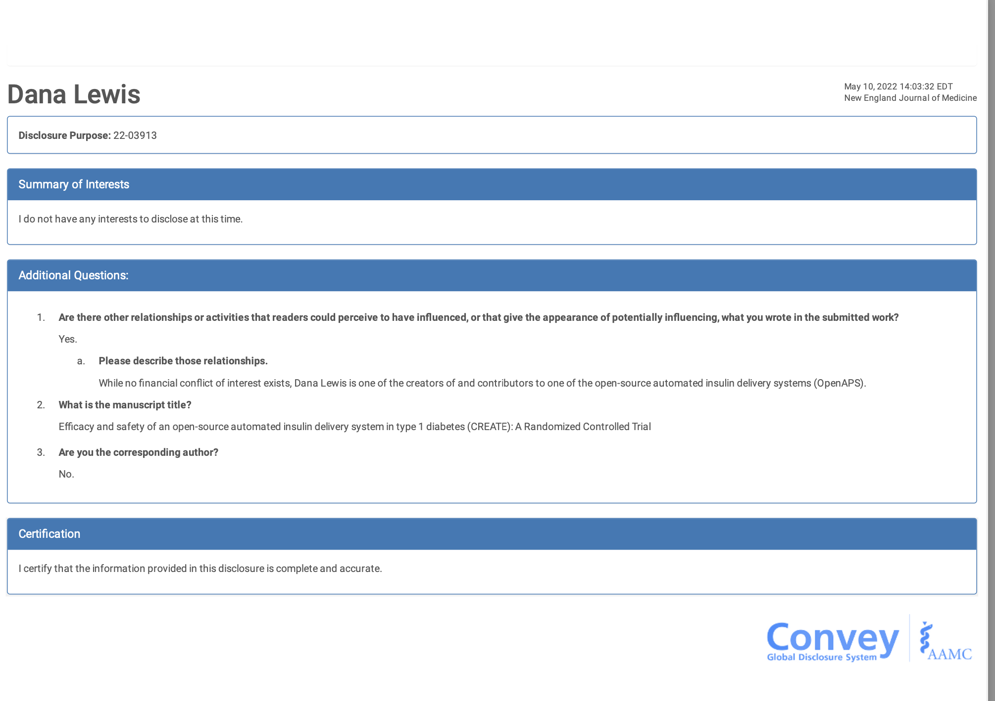 A screenshot from the publicly available disclosure form on NEJM's site, where I am so careful to indicate possible conflicts of interest that are not commercial or financial, such as the fact that I developed the algorithm that was used in that study. Again, that's a diabetes study and a diabetes example, the paper we are discussing here is on exocrine pancreatic insufficiency (EPI) and gastroenterology, which is unrelated. I have no COI in gastroenterology.