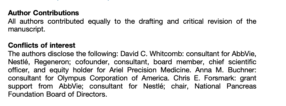 The conflict of interest statement for authors from the article "AGA Clinical Practice Update on the Epidemiology, Evaluation, and Management of Exocrine Pancreatic Insufficiency 2023"