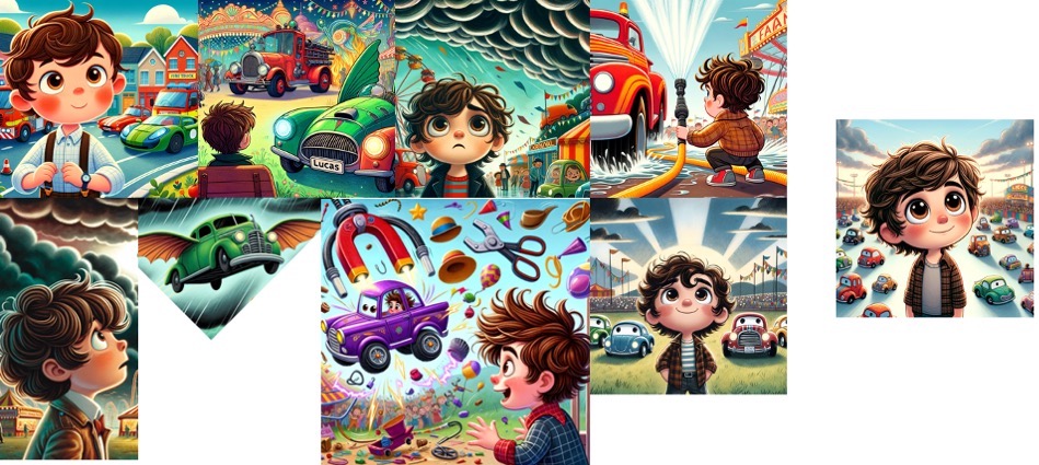 A series of images showing a young cartoon boy with wavy brown hair at a car fair