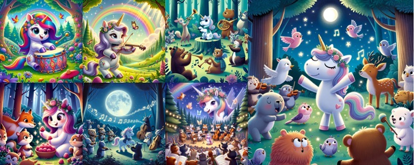Illsutrations from a quick story about a unicorn, drums, violin, and an orchestra, plus raspberries