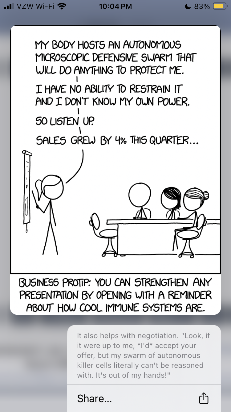 See https://xkcd.com/1907/ for source image and alt text, it's well known XKCD immune system comic highlighting the strength of our immune systems