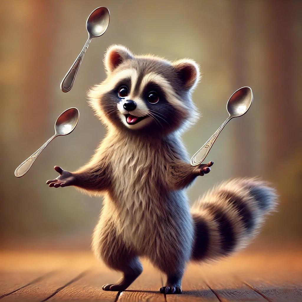 A raccooon juggles three spoons