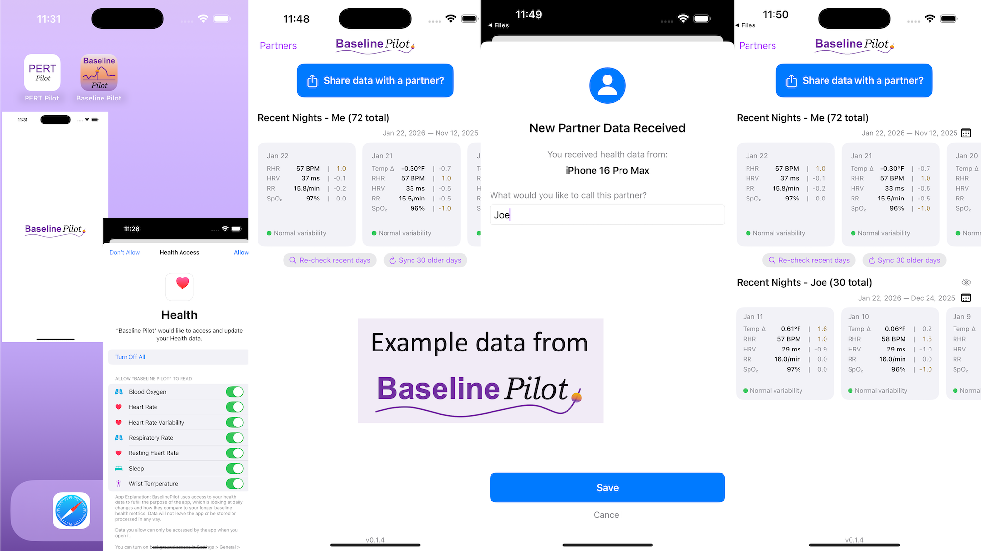 Screenshots of BaselinePilot, showing 72 days of simulated data for the user (not actually my data) and the display with a simulated partner called "Joe". 